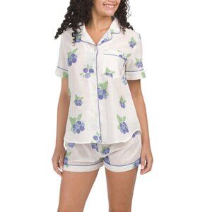 SAATVIK White Cotton Blueberry Patch Pajama Top And Shorts Set